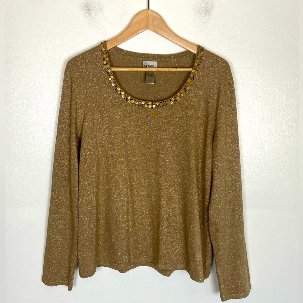 Chico's Metallic Glitter Sweater Top Size 3 US L Cream Long Sleeve Boat Neck